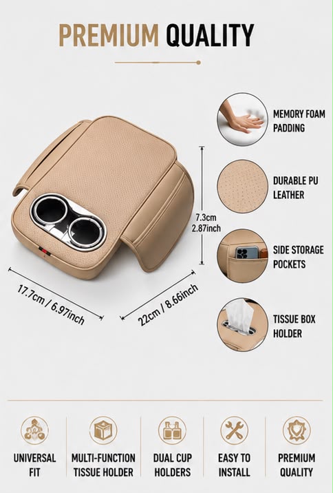 Universal Car Armrest Cushion with Dual Cup Holders | Tissue Box & Storage | Beige