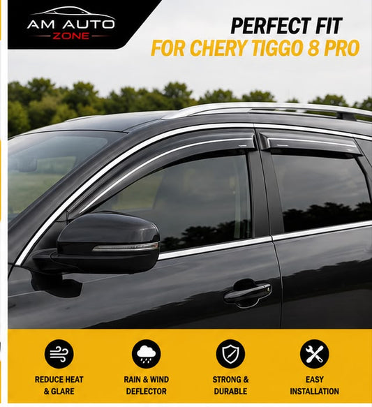 Air Press Sun Visor with Chrome for Chery Tiggo 8 Pro Maximus TXR 6 PCS | Rain Guard Window Deflector | Wind Deflector | AM Auto Zone