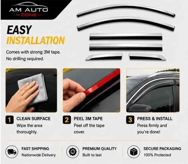 Air Press Sun Visor with Chrome for Chery Tiggo 8 Pro Maximus TXR 6 PCS | Rain Guard Window Deflector | Wind Deflector | AM Auto Zone