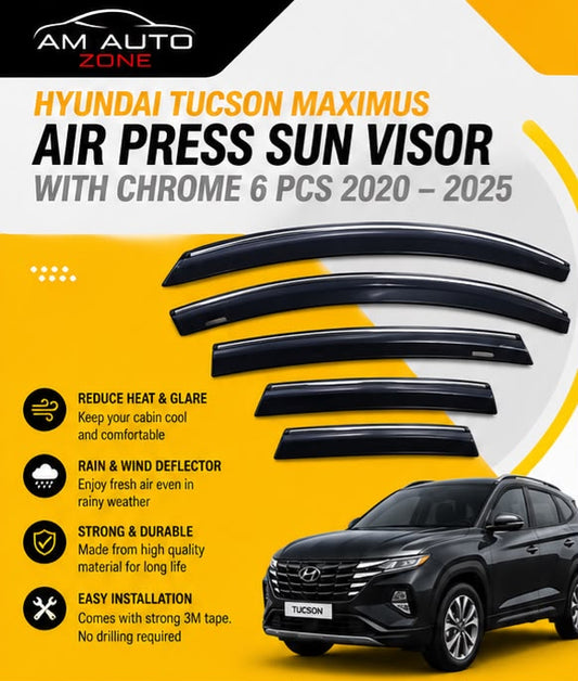 Air Press Sun Visor with Chrome for Hyundai Tucson Maximus 2020 2021 2022 2023 2024 2025 | 6 PCS Rain Guard Window Deflector | AM Auto Zone