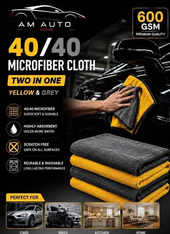40×40cm Premium Microfiber Cloth – 600 GSM | Two in One Yellow & Grey | Car Detailing Towel