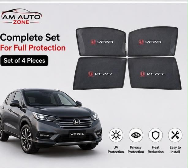 Honda Vezel Foldable & Flexible Magnetic Side Sun Shades with Logo for 2013, 2014, 2015, 2016, 2017, 2018, 2019, 2020, 2021, 2022, 2023, 2024 & 2025 – Set of 4