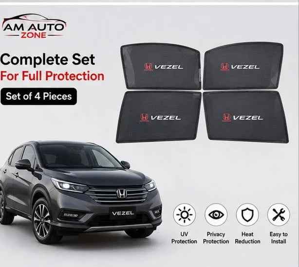 Honda Vezel Foldable & Flexible Magnetic Side Sun Shades with Logo for 2013, 2014, 2015, 2016, 2017, 2018, 2019, 2020, 2021, 2022, 2023, 2024 & 2025 – Set of 4