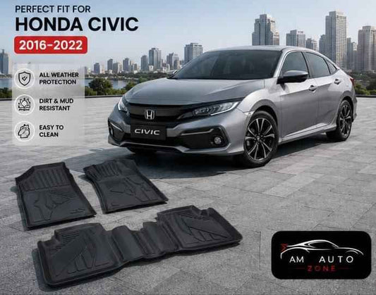 Honda Civic 2016, 2017, 2018, 2019, 2020, 2021, 2022 Custom Fit All Weather Floor Mats | Dirt & Mud Resistant | Easy to Clean | Premium Car Floor Mat Set
