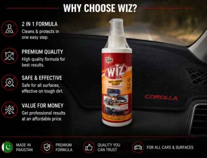 wiz cleaner, multi purpose cleaner, car interior cleaner, dashboard cleaner, dashboard spray, leather cleaner, plastic cleaner, vinyl cleaner, rubber cleaner, car dashboard polish, anti static cleaner, uv protection cleaner, matt shine cleaner, car detail