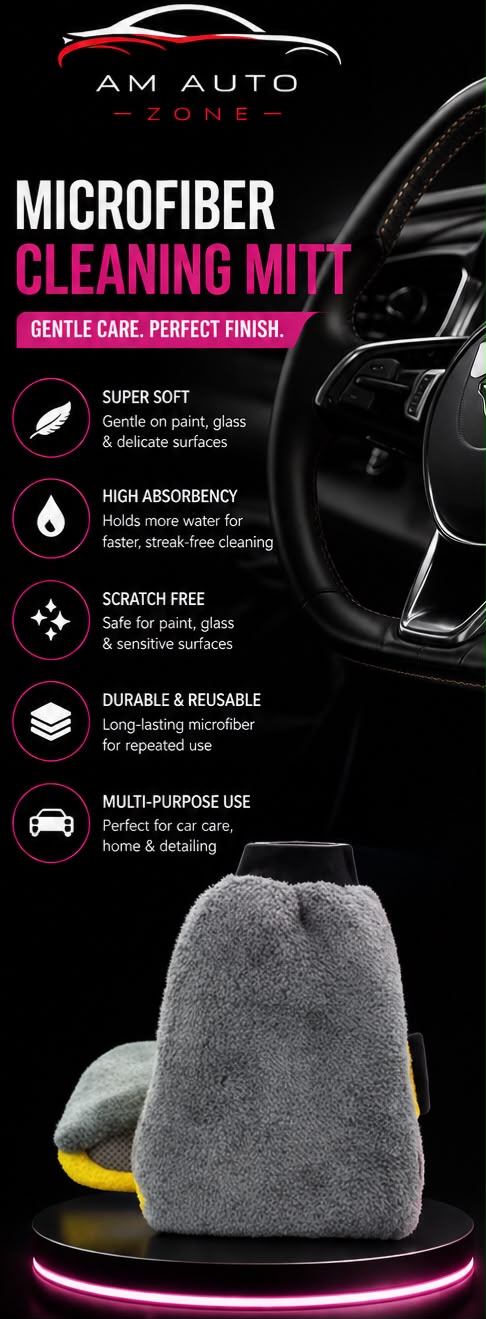 AM Auto Zone Premium Microfiber Cleaning Mitt – Ultra Soft Scratch-Free Car Wash Glove 22×15 CM 300 GSM