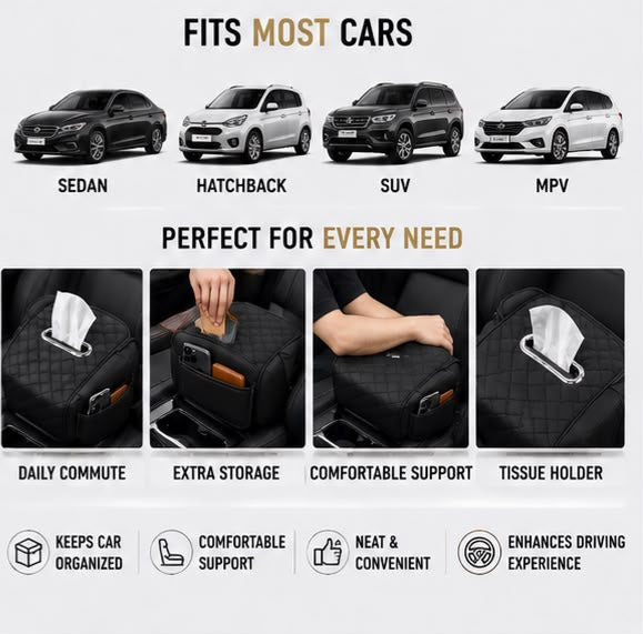 Car Center Console Armrest Cushion with Tissue Box Holder | Black
