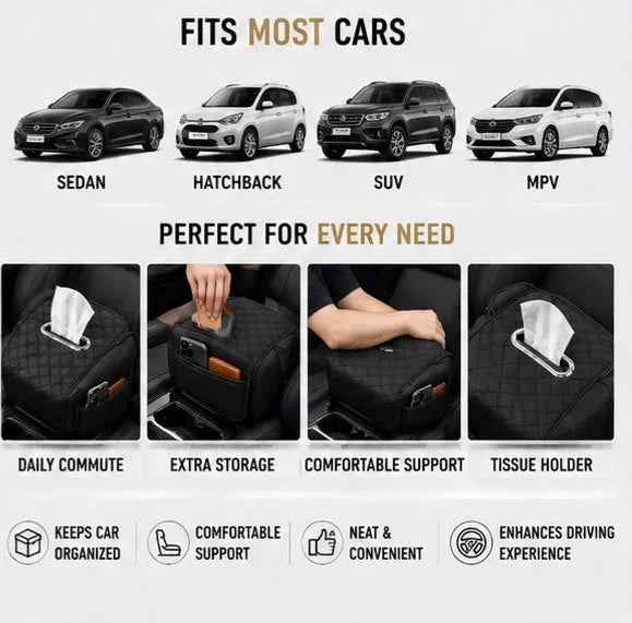 Car Center Console Armrest Cushion with Tissue Box Holder | Black