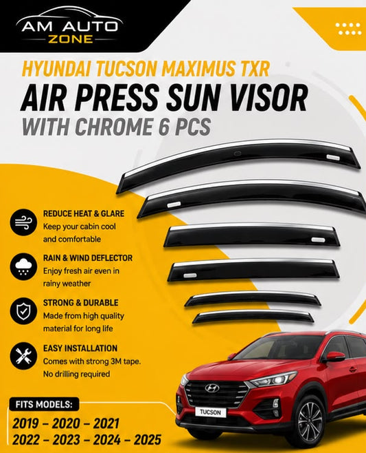 Premium Air Press Sun Visor with Chrome 6PCS for Hyundai Tucson 2020 2021 2022 2023 2024 2025 | Smoke Window Rain Wind Deflectors