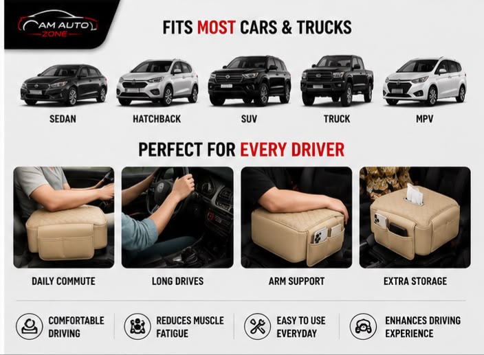 Universal Car Armrest Cushion with Tissue Box Holder | Premium PU Leather