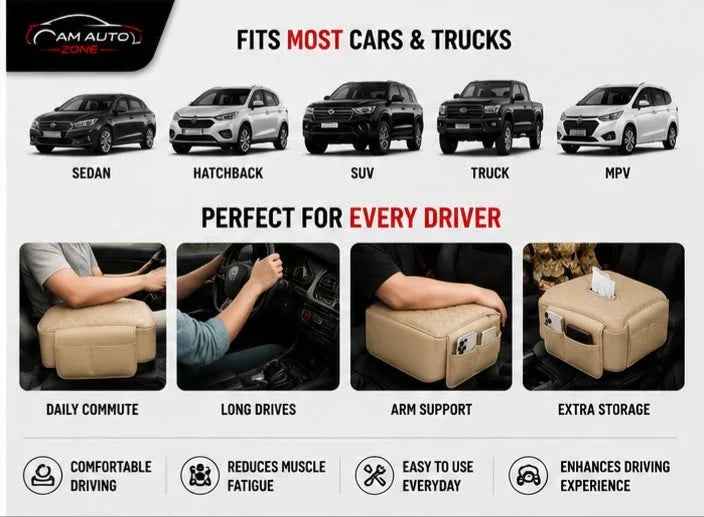 Universal Car Armrest Cushion with Tissue Box Holder | Premium PU Leather