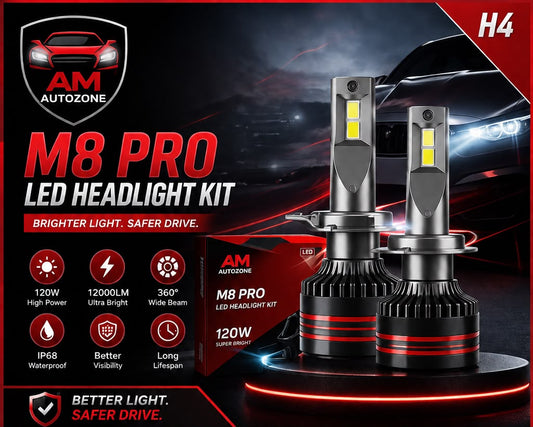 AM Autozone M8 PRO H4 LED Headlight Kit – 120W 12000LM Super Bright IP68 Waterproof Plug & Play (Pair)