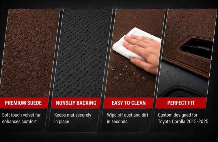 Brown Dashboard Mat for Toyota Corolla 2015, 2016, 2017, 2018, 2019, 2020, 2021, 2022, 2023, 2024 & 2025 | Premium Suede Non-Slip Dashboard Cover | Heat Resistant Anti-Glare Dash Mat | AM Auto Zone