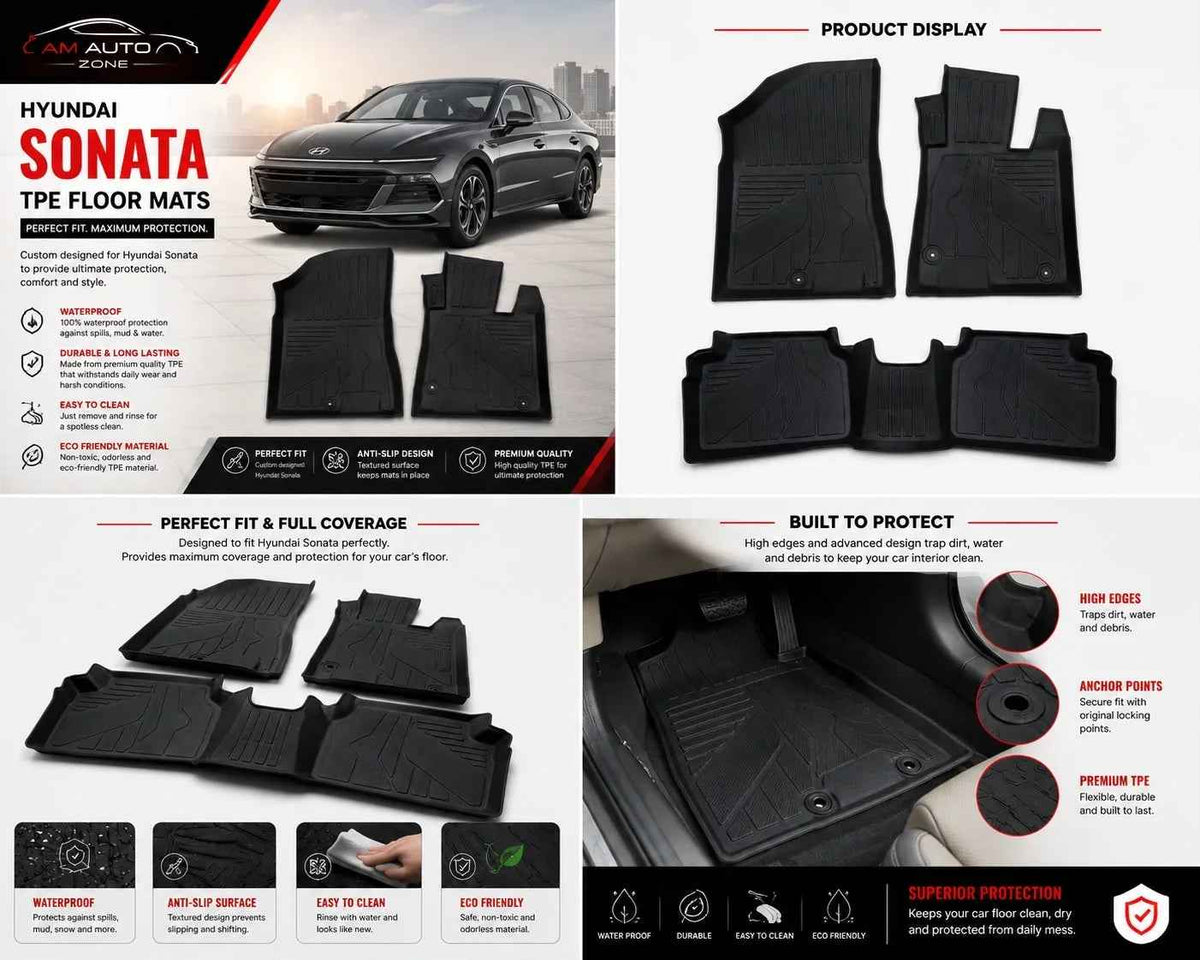 Hyundai Sonata TPE Floor Mats | Premium 3D Custom Fit All Weather Car Floor Liners | Hyundai Sonata 2020, 2021, 2022, 2023, 2024 & 2025 | AM Auto Zone