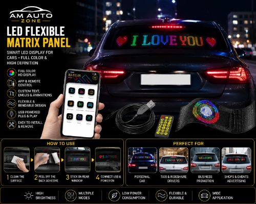 An AM Auto Zone LED flexible matrix panel product display featuring a smartphone app control screen, a circular sample of the colorful flexible panel, a power cable, and a black car at night with a glowing 'I LOVE YOU' matrix banner on the rear window. Includes feature lists, how-to steps, and usage examples at the bottom.