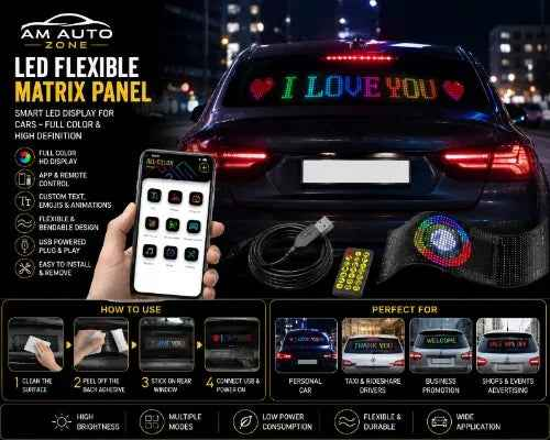 AM Auto Zone LED Flexible Matrix Display Panel – Smart App Controlled RGB Car LED Sign | USB Powered | Full Color HD Display 17.3 × 7.0 cm
