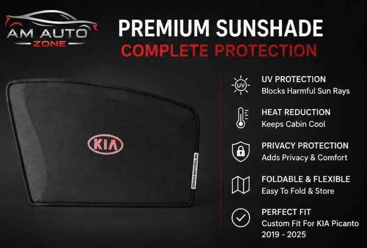 KIA Picanto Foldable & Flexible Side Sun Shade with Logo for KIA Picanto 2019, 2020, 2021, 2022, 2023, 2024 & 2025 | Custom Fit Car Window Sun Shades | 4 PCS