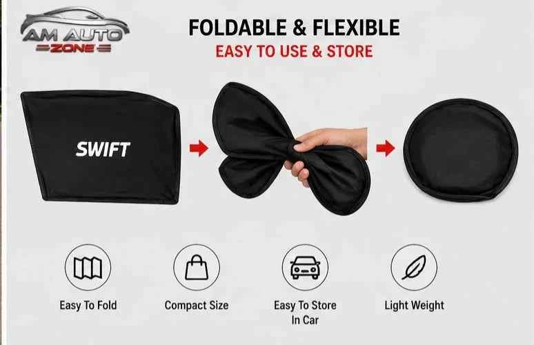 Suzuki Swift Foldable & Flexible Side Sun Shade with Logo for Suzuki Swift 2010, 2011, 2012, 2013, 2014, 2015, 2016, 2017 & 2018 | Custom Fit Car Window Sun Shades | 4 PCS