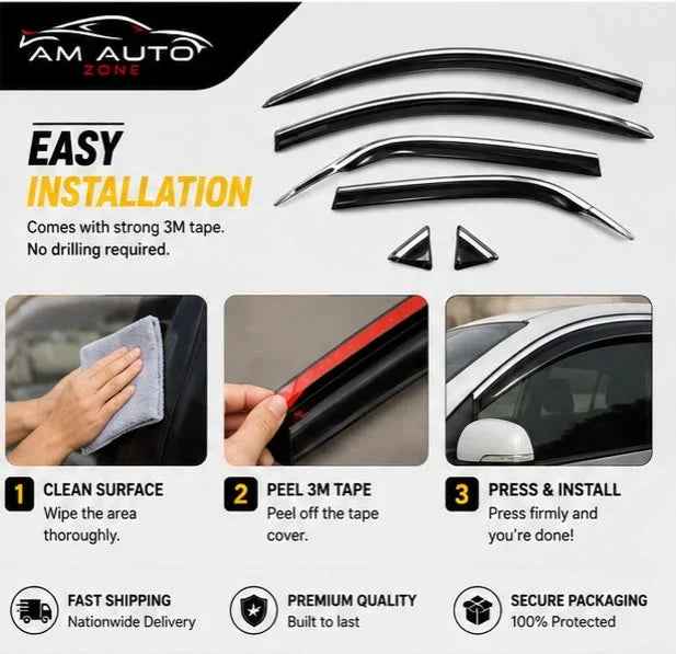 KIA Picanto Maximus TXR Air Press Sun Visor with Chrome 4PCS | Window Wind Deflectors | KIA Picanto 2018 2019 2020 2021 2022 2023 2024 2025 | AM Auto Zone