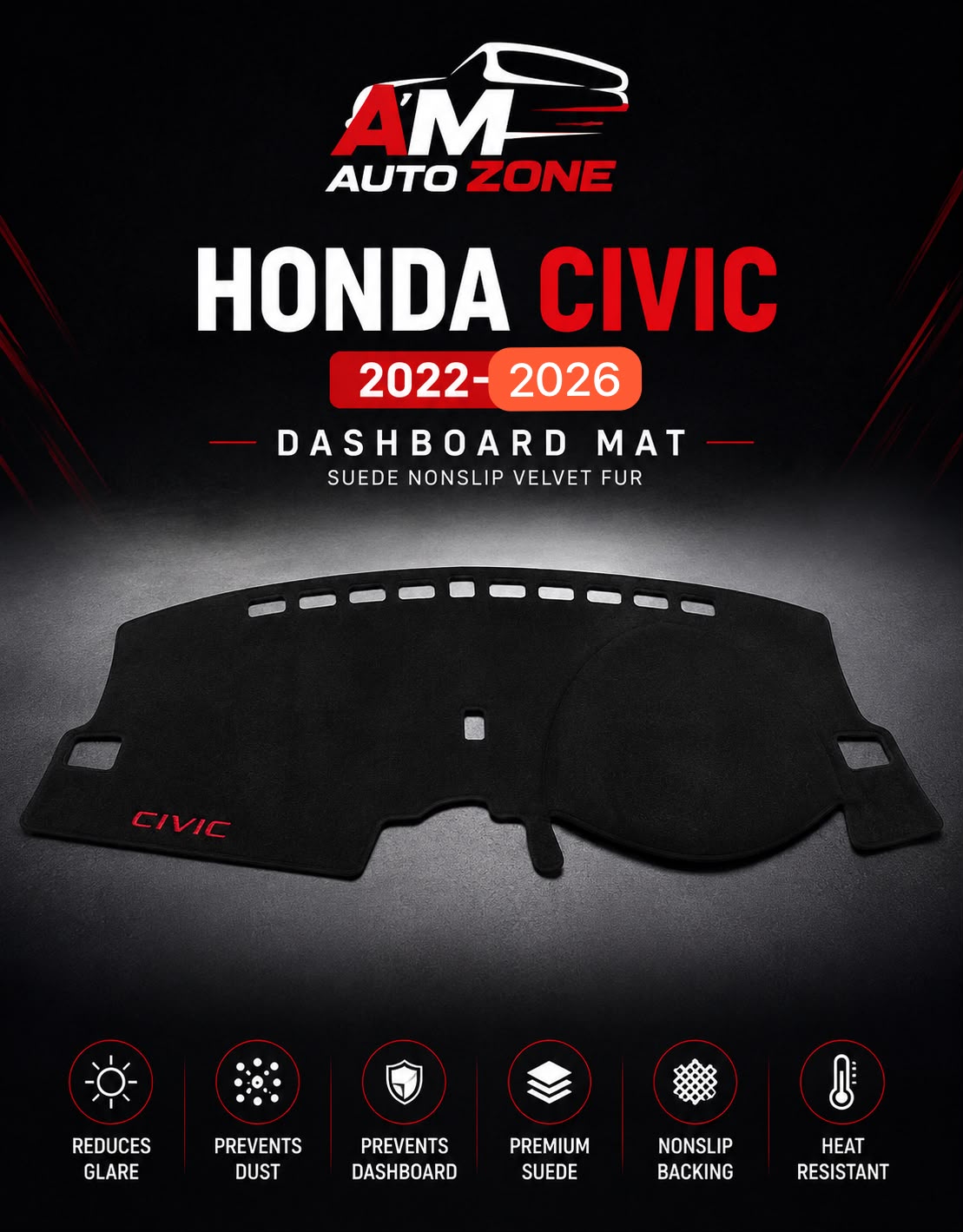 Honda Civic 2022–2023-2024-2025-2026 Dashboard Mat – Premium Suede Non-Slip Velvet Fur | AM Auto Zone