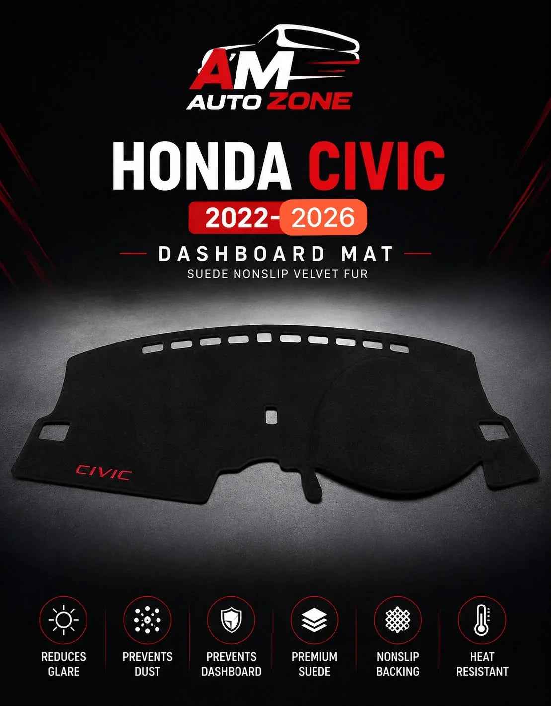 Honda Civic 2022–2023-2024-2025-2026 Dashboard Mat – Premium Suede Non-Slip Velvet Fur | AM Auto Zone