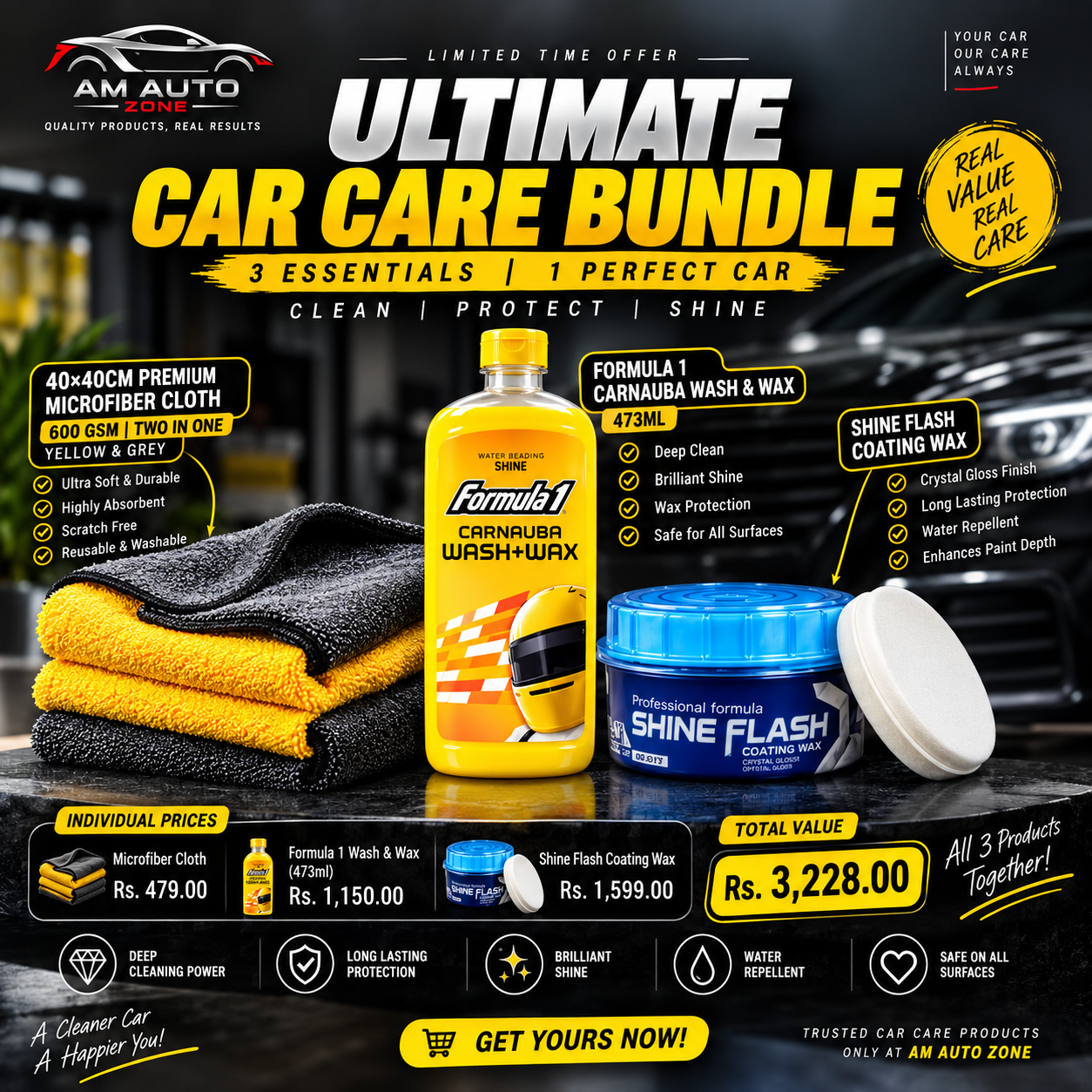 Ultimate Car Care Bundle | Formula 1 Wash & Wax + Shine Flash Coating Wax + Premium Microfiber Cloth