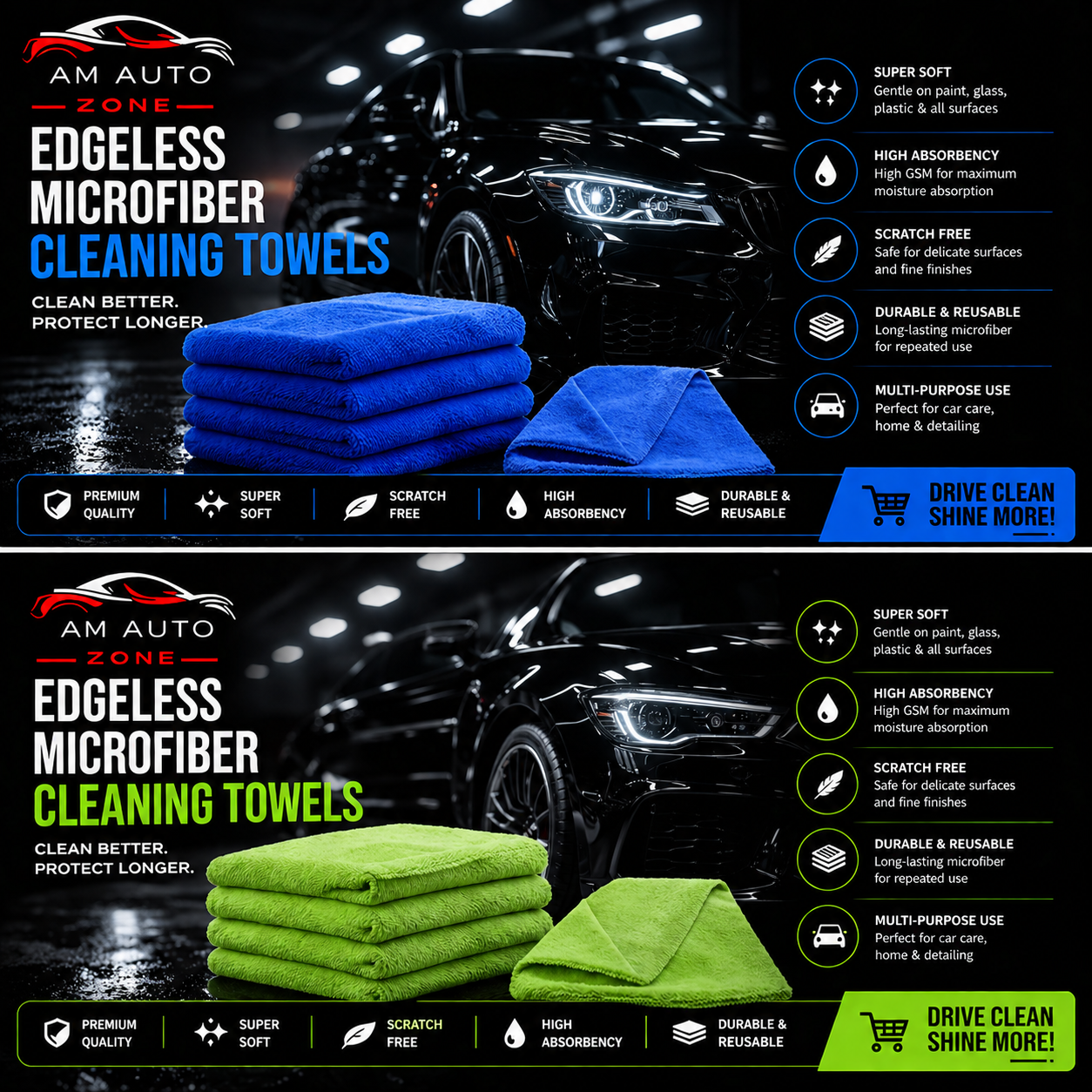 AM Auto Zone Edgeless Microfiber Cleaning Towels – Ultra Soft Car Detailing Cloth | Scratch-Free | High Absorbency 40x40 450 gsm