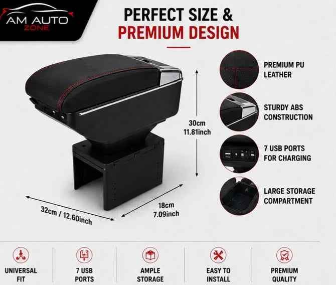 Universal Car Center Console Armrest with 7 USB Ports | Storage Box & PU Leather