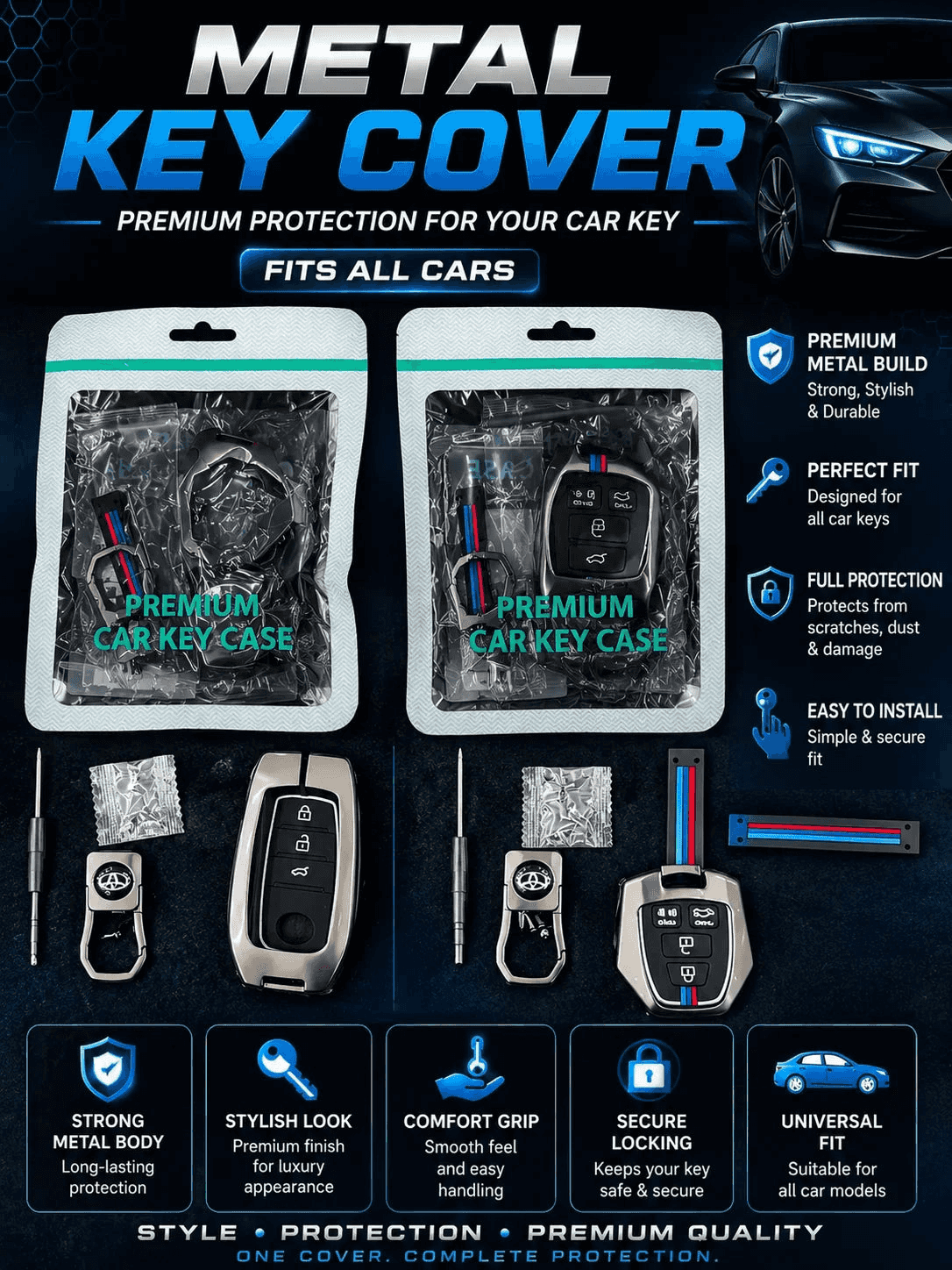 Premium Metal Car Key Case Cover with Keychain – Smart Remote Key Protector All cars