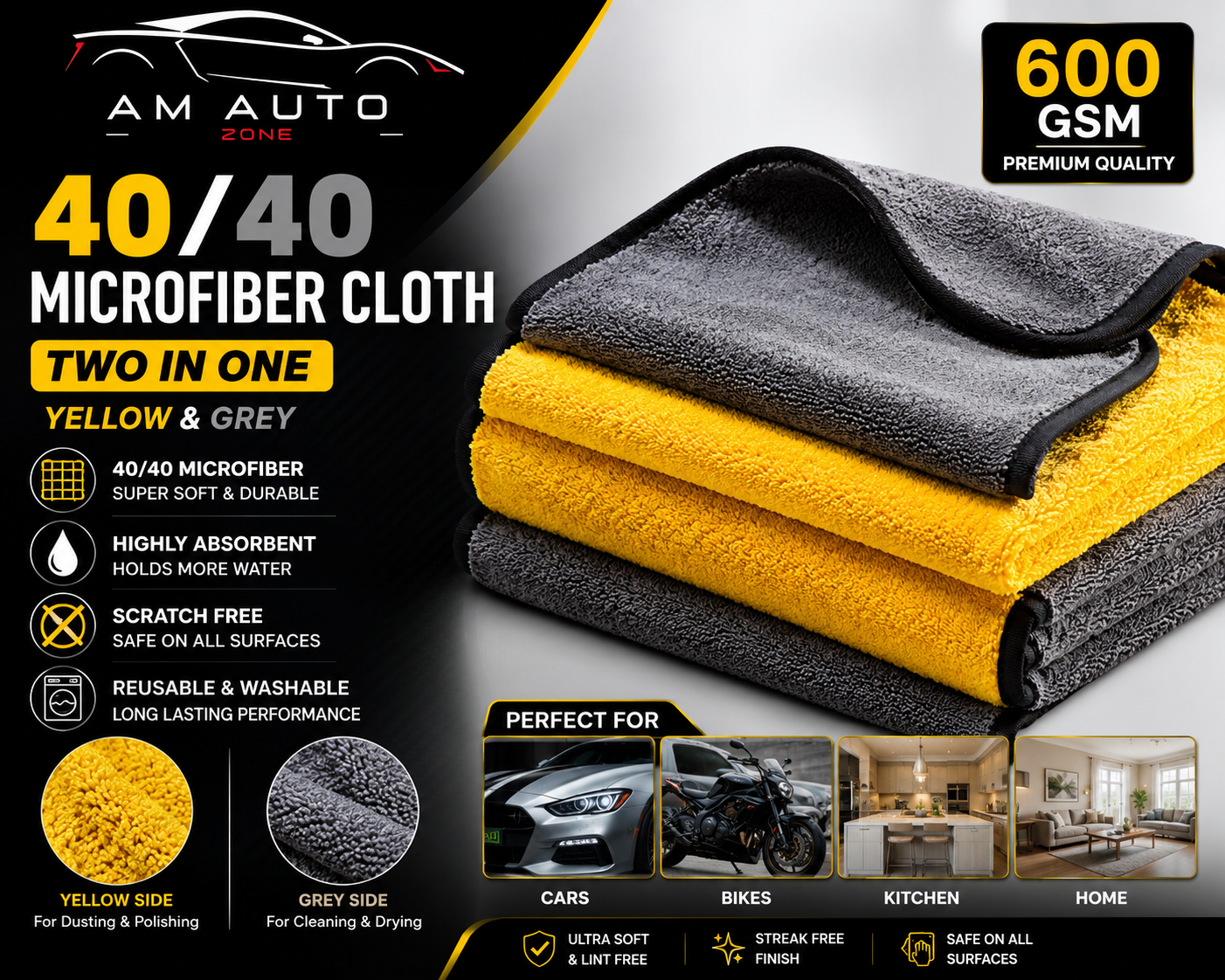 40×40cm Premium Microfiber Cloth – 600 GSM | Two in One Yellow & Grey | Car Detailing Towel