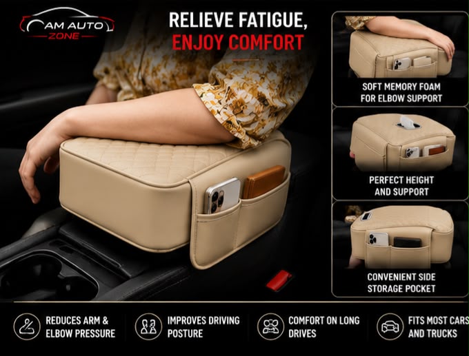 Universal Car Armrest Cushion with Tissue Box Holder | Premium PU Leather