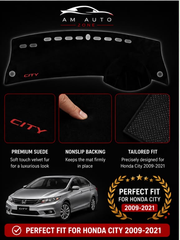 Honda City Dashboard Mat (2009–2010-2011-2012-2013-2014-2015-2016-2017-2018-2019-2020-2021) – Premium Suede Non-Slip Dashboard Cover | AM Auto Zone