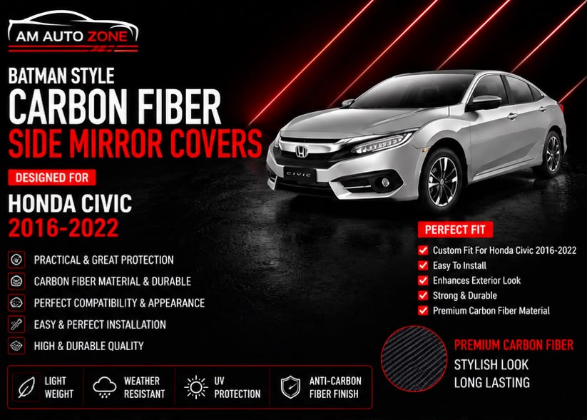 Batman Style Carbon Fiber Side Mirror Covers for Honda Civic 2016, 2017, 2018, 2019, 2020, 2021 & 2022 | Premium ABS Mirror Caps | AM Auto Zone