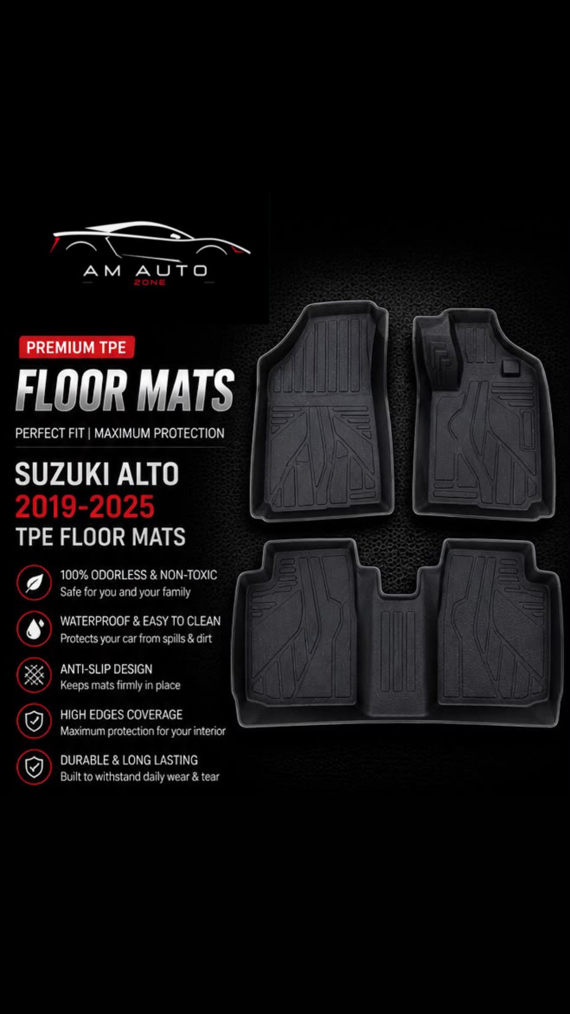 Suzuki Alto 2019, 2020, 2021, 2022, 2023, 2024 & 2025 Premium TPE Floor Mats | Waterproof All Weather Custom Fit Car Floor Liners