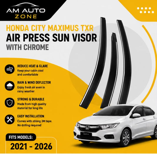 Air Press Sun Visor with Chrome for Honda City Maximus TXR 2021 2022 2023 2024 2025 2026 | 4 PCS Rain Guard Window Deflector