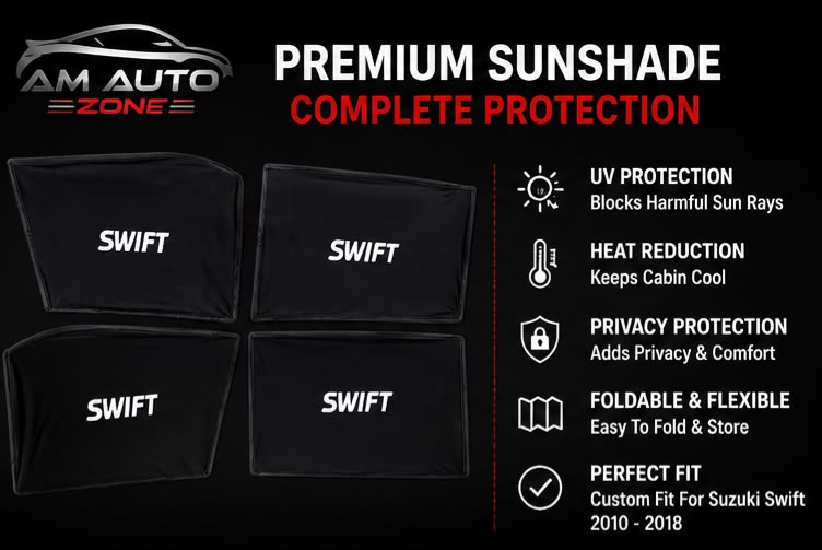 Suzuki Swift Foldable & Flexible Side Sun Shade with Logo for Suzuki Swift 2010, 2011, 2012, 2013, 2014, 2015, 2016, 2017 & 2018 | Custom Fit Car Window Sun Shades | 4 PCS