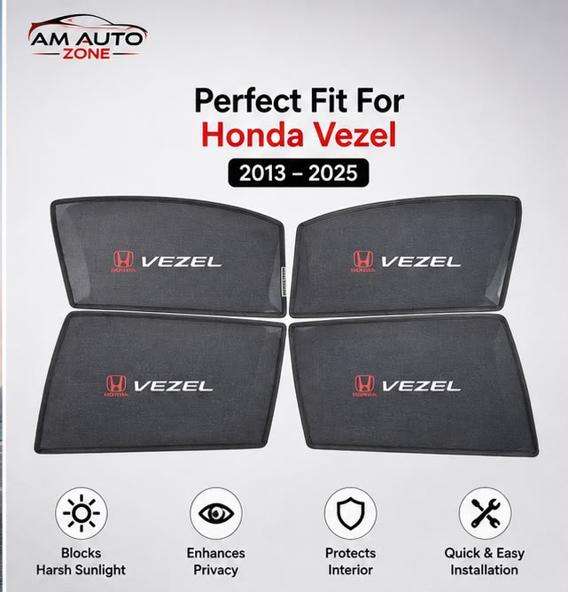Honda Vezel Foldable & Flexible Magnetic Side Sun Shades with Logo for 2013, 2014, 2015, 2016, 2017, 2018, 2019, 2020, 2021, 2022, 2023, 2024 & 2025 – Set of 4