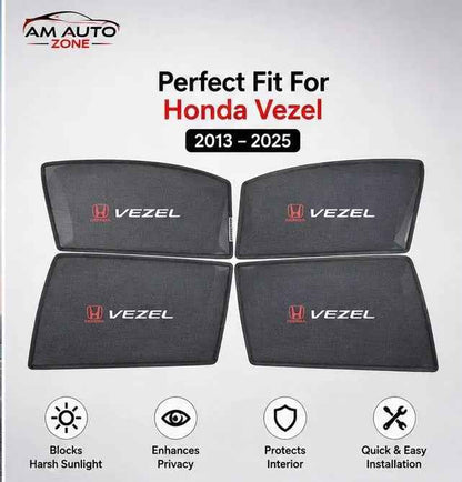 Honda Vezel Foldable & Flexible Magnetic Side Sun Shades with Logo for 2013, 2014, 2015, 2016, 2017, 2018, 2019, 2020, 2021, 2022, 2023, 2024 & 2025 – Set of 4