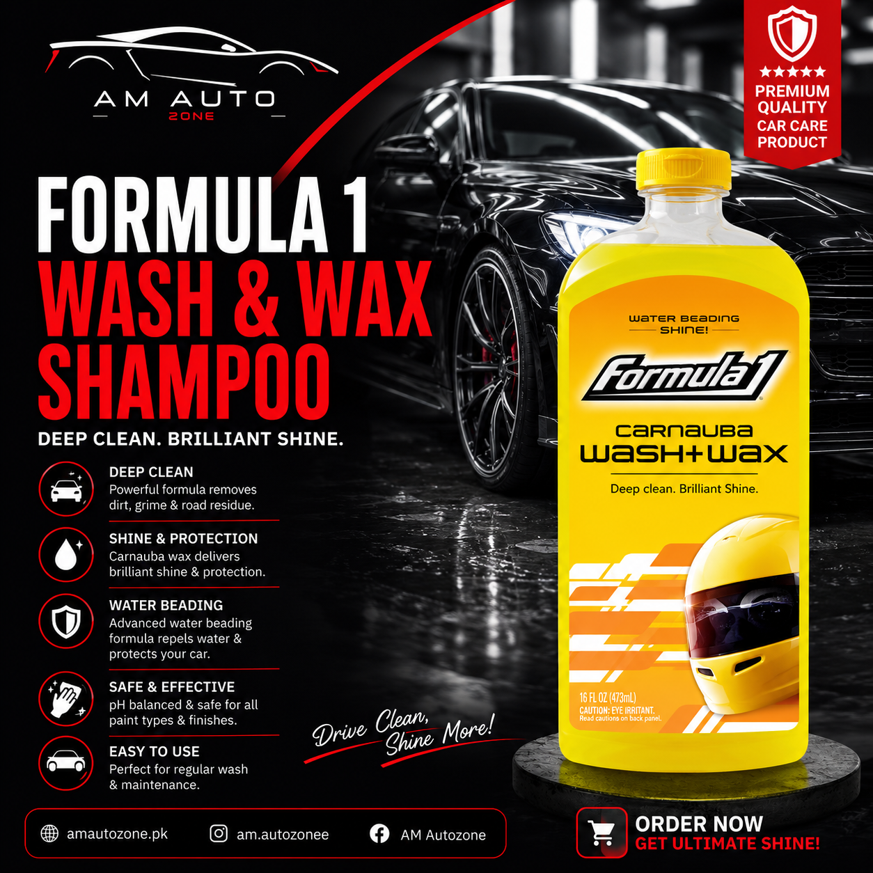 Formula 1 Carnauba Wash & Wax Shampoo – Premium Car Wash Soap with Brilliant Shine & Wax Protection (473ml)