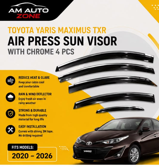 Toyota Yaris Maximus TXR Air Press Sun Visor with Chrome 4PCS | Toyota Yaris 2020 2021 2022 2023 2024 2025 2026 | Rain Guard Window Deflector