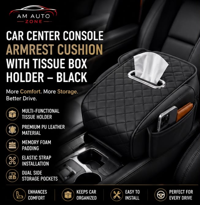Car Center Console Armrest Cushion with Tissue Box Holder | Black