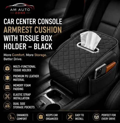 Car Center Console Armrest Cushion with Tissue Box Holder | Black