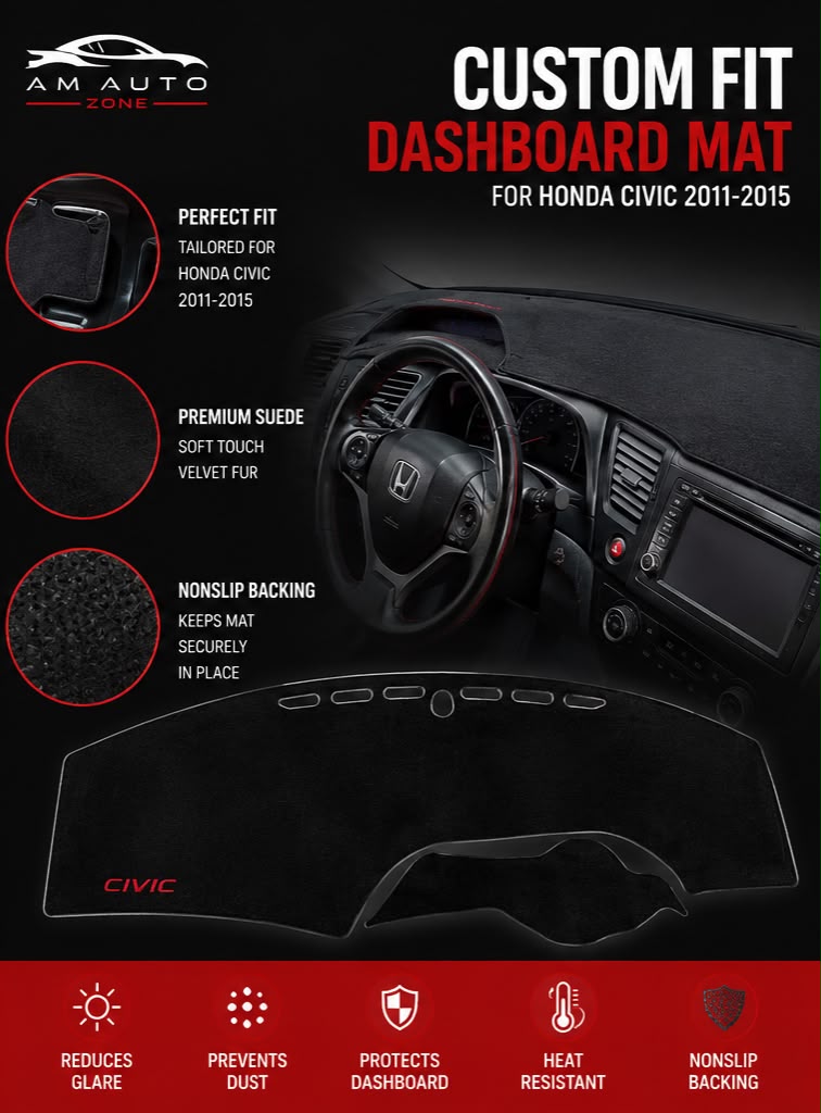 Dashboard Mat for Honda Civic 2011, 2012, 2013, 2014 & 2015 | Premium Suede Non-Slip Velvet Dashboard Cover | Heat Resistant Anti-Glare Dash Protector | AM Auto Zone