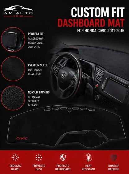 Dashboard Mat for Honda Civic 2011, 2012, 2013, 2014 & 2015 | Premium Suede Non-Slip Velvet Dashboard Cover | Heat Resistant Anti-Glare Dash Protector | AM Auto Zone
