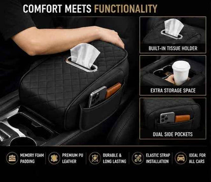 Car Center Console Armrest Cushion with Tissue Box Holder | Black