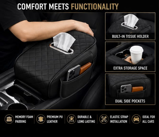 Car Center Console Armrest Cushion with Tissue Box Holder | Black