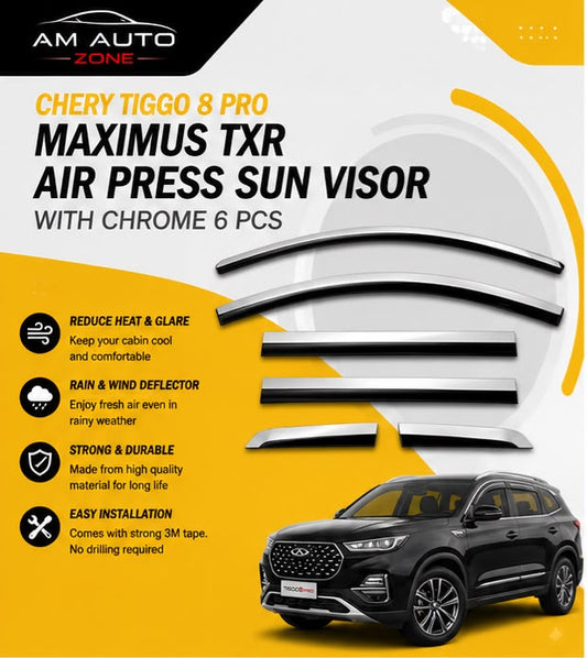 Air Press Sun Visor with Chrome for Chery Tiggo 8 Pro Maximus TXR 6 PCS | Rain Guard Window Deflector | Wind Deflector | AM Auto Zone