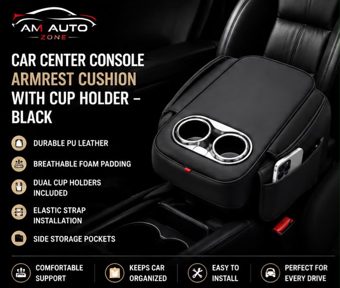 Car Center Console Armrest Cushion with Cup Holder | Black