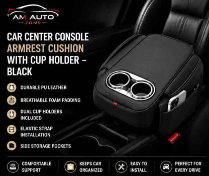 Car Center Console Armrest Cushion with Cup Holder | Black