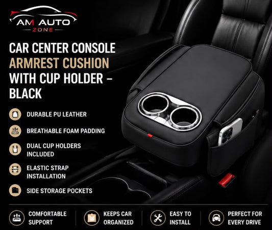 Car Center Console Armrest Cushion with Cup Holder | Black